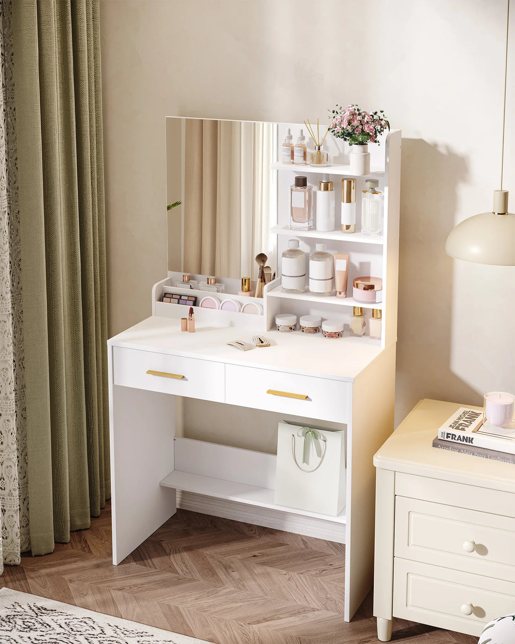 Dressing Table with Mirror, Vanity Unit with 4 Open Shelves and 2 Compartments, Dressing Table with 2 Drawers, for Bedroom, Livi