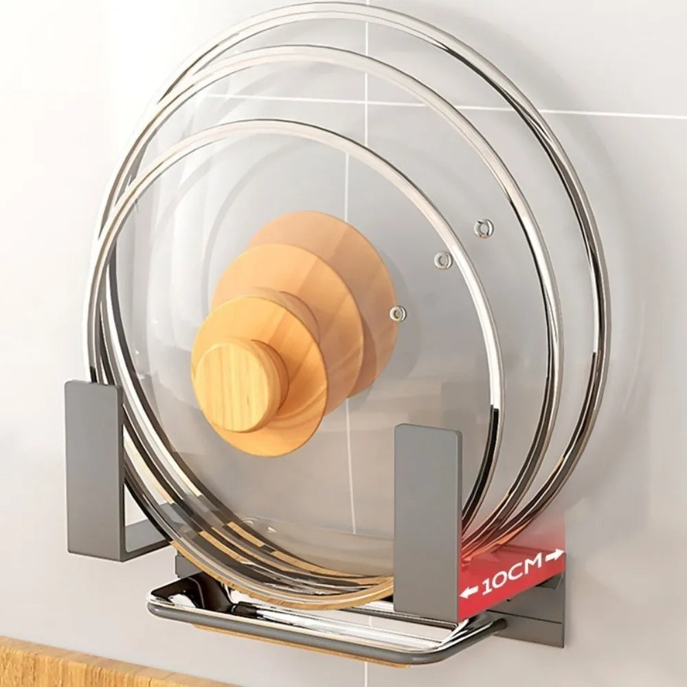 Wall Mounted Pot Lid Rack Space Saving with Drain Tray Cutting Board Holder No-Drill Sturdy Kitchen Storage Rack Kitchen Storage