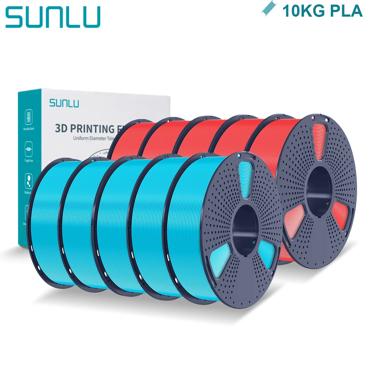 SUNLU PLA 3D Printer Filament 1.75mm - 10 Rolls x 1KG | Neatly Wound