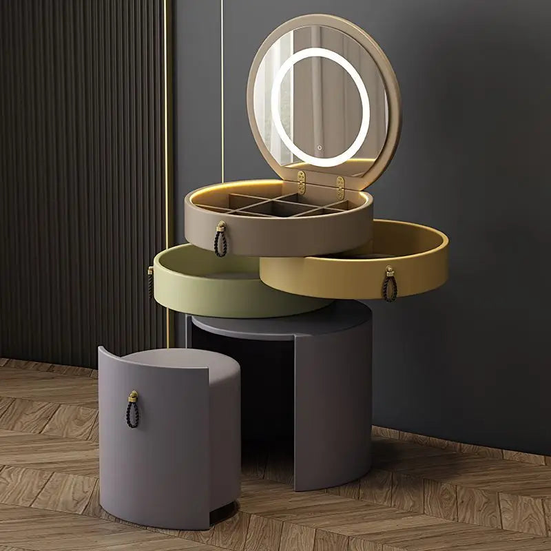Rotary Makeup Vanities Luxury Storage Dressing Table Bedroom Organizer Makeup Vanity Illuminated Drawer Dresser with Light