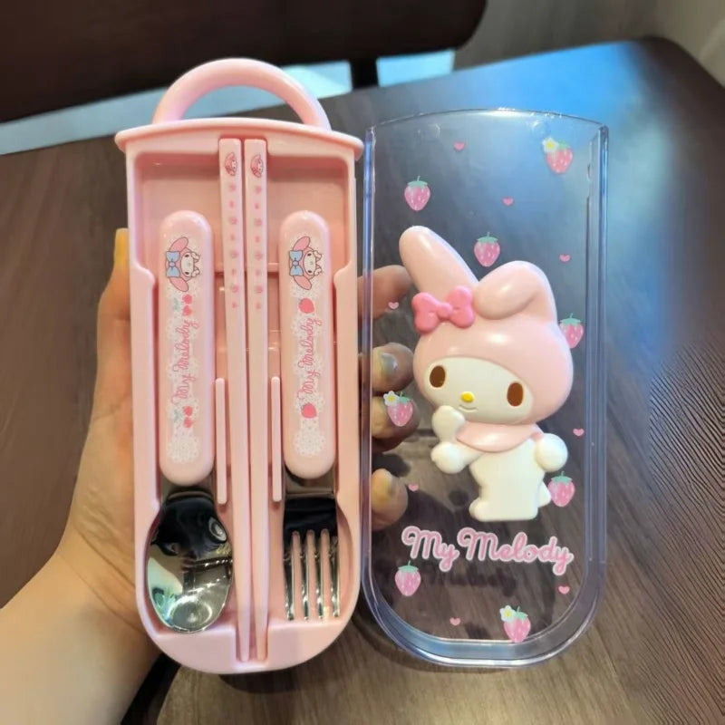 Kitty Melody Kids Picnic Set Tableware Washable Cutlery Kit Case Portable Pouch Dinner Household Tool Travel Camping Spoon, Fork