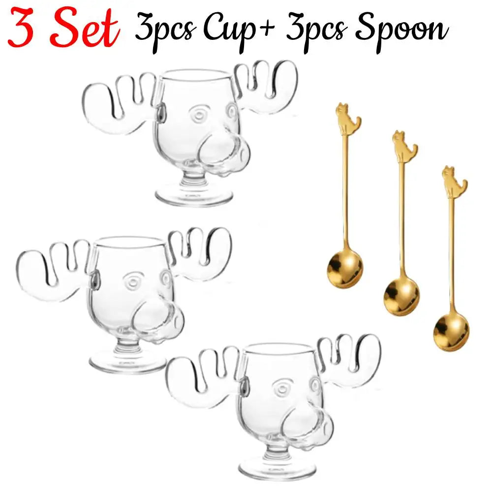 1-3Set 240ML Christmas Elk Glass Cup Cute Reindeer Clear Glass Mug Hot Cold Drink Cup Creative Moose Holiday Drinkware Decor
