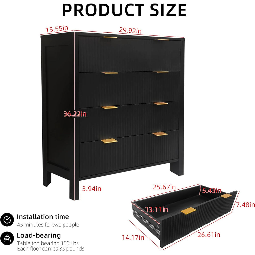 Fluted 4 Drawers Dresser Modern Chest of Drawers Wood Drawer Organizer with Waveform Fluted Panel for Bedroom Living Room