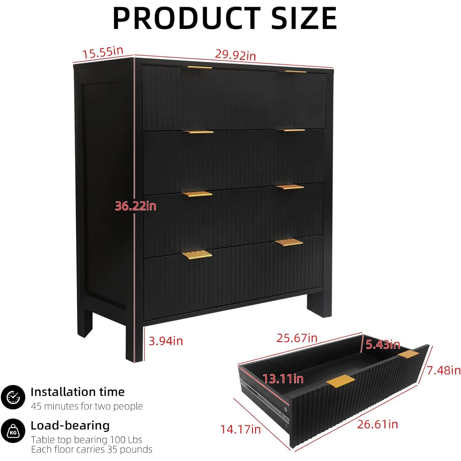 Fluted 4 Drawers Dresser Modern Chest of Drawers Wood Drawer Organizer with Waveform Fluted Panel for Bedroom Living Room