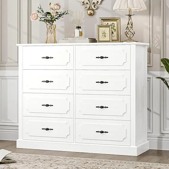 Grey Dresser Chest of Drawers, 47.2” Farmhouse Wood Dresser 8 Drawer with Steel Handles, Modern Drawers Floor Storage Cabinet f