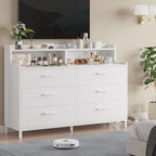 White Dresser for Bedroom with 6 Drawers and Storage Shelves, Wide Chest of Drawers with Sturdy Steel Legs, Large Wooden Storage