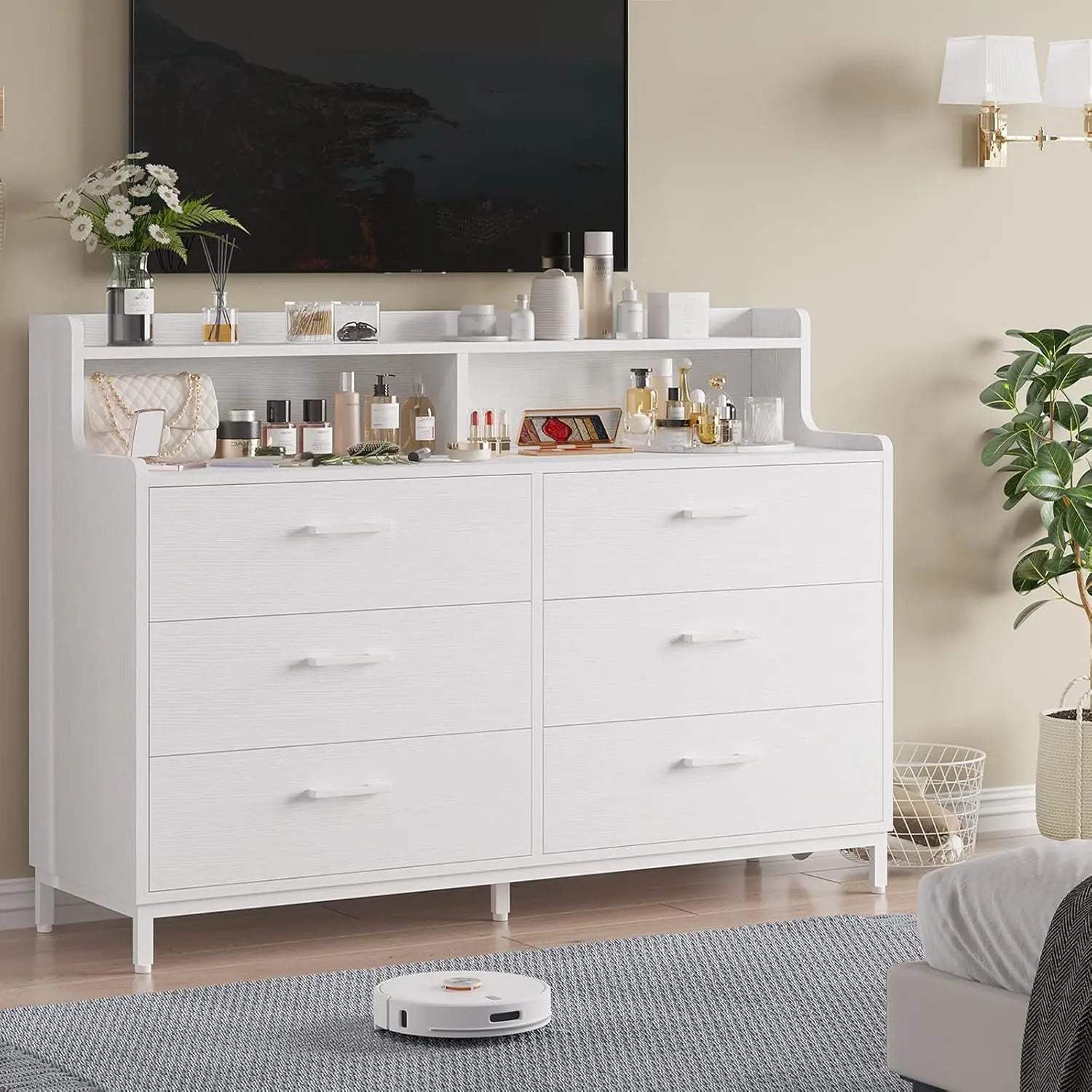 White Dresser for Bedroom with 6 Drawers and Storage Shelves, Wide Chest of Drawers with Sturdy Steel Legs, Large Wooden Storage