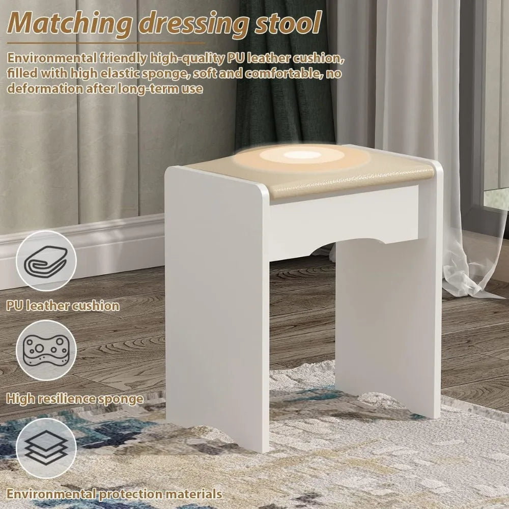 FUFU&GAGA White Vanity Set with Round Lighted Mirror, Makeup Vanity Dressing Table with 5 Drawers, Shelves, Dresser Desk and Cus