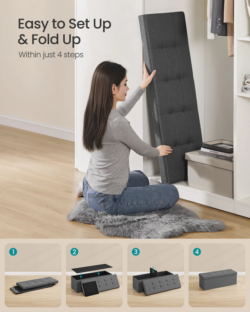 SONGMICS MAZIE Collection - 43 Inches Folding Storage Ottoman Bench, Ottoman Foot Rest, End of Bed Bench, Storage Chest