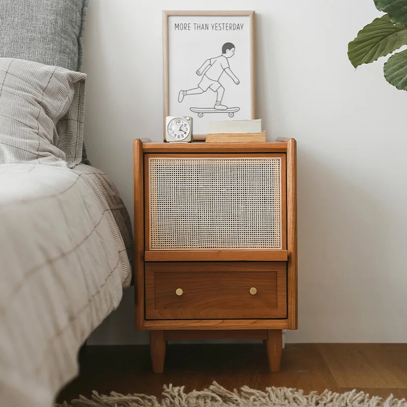 Rattan Weaving Bedroom Furniture, Bedside Table, Multifunctional Small Side Storage Cabinet, Solid Wood Night Stand Customized