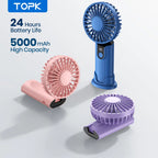 TOPK Portable Hand Held Fan,5000mAh 2-IN-1 Neck HandHeld Fan 180° Foldable Whisper-Quiet Brushless Motor Comes with Hanging Rope