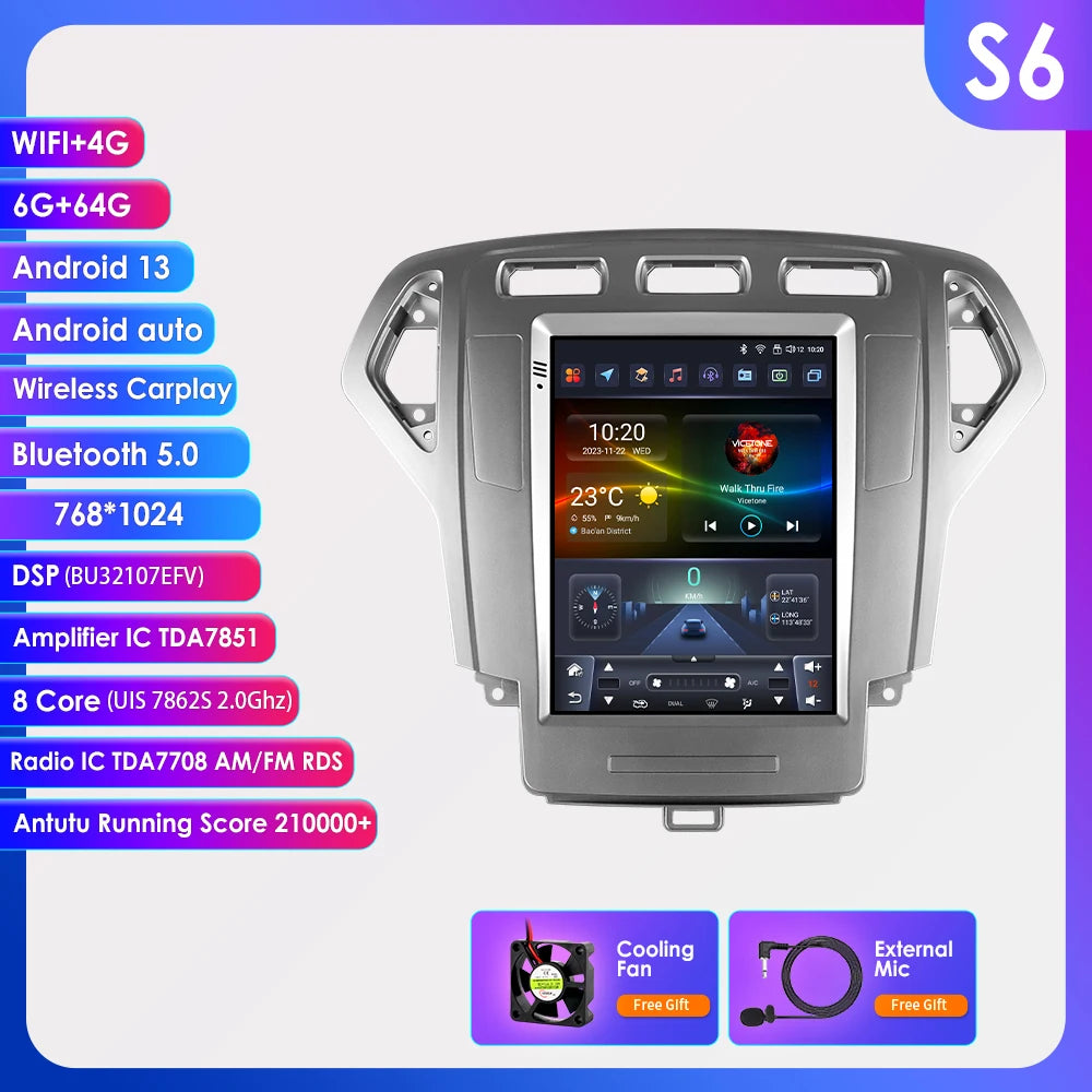 Hizpo For Tesla Style Car Radio For Ford Mondeo Mk4 Galaxy A/C 2007-2010 Carplay Screen Monitor Navigation Head Unit Player DSP