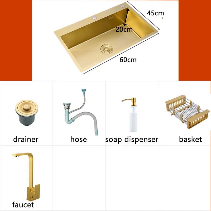 Gold Kitchen Sink Above Counter 304 Stainless Steel Single Bowl Goldn Basket Drainer Soap Dispenser Washing Basin