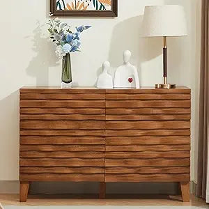Solid Wood Face 6 Drawer Dresser,Mid Century Modern Dresser with Chest,Flutted Chest of Drawers with Moire Patten for Bedroom,