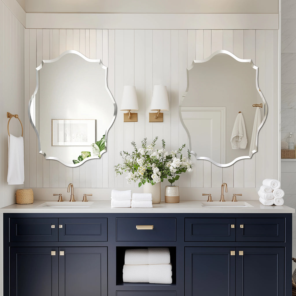 Wisfor Wall Mirror Scalloped Frameless Beveled Edge Polished for Bathroom, Living Room, Vanity, Bedroom, Slive Mirror