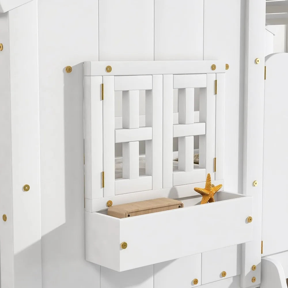 Harper & Bright Designs House Bunk Bed Twin Over Twin Kids Bunk Bed Wood Frame with Roof, Window, Window Box, Door, Safety Guard