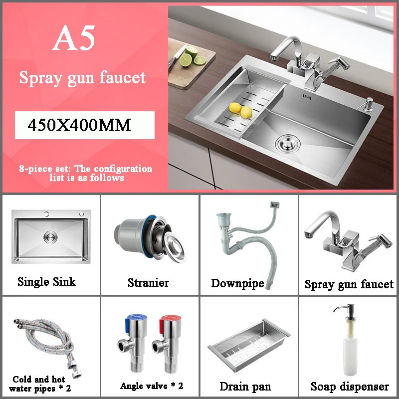 Stainless Steel Kitchen Sink Farm House Above Counter Undermounter Single Bowel Wash Basin with Faucet Drain Kitchen Accessories