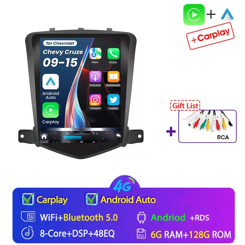 4G+64G Stereo Android 15 For Chevrolet Cruze J300 2008-2014 for Tesla Style Car 4G GPS Navi Player Radio Carplay 2 Din Autoraido
