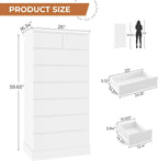 White Tall Dresser for Bedroom with 8 Drawers, 59.6" Tall Dressers & Chests of Drawers, Modern Wood Closet Organizer and Storage