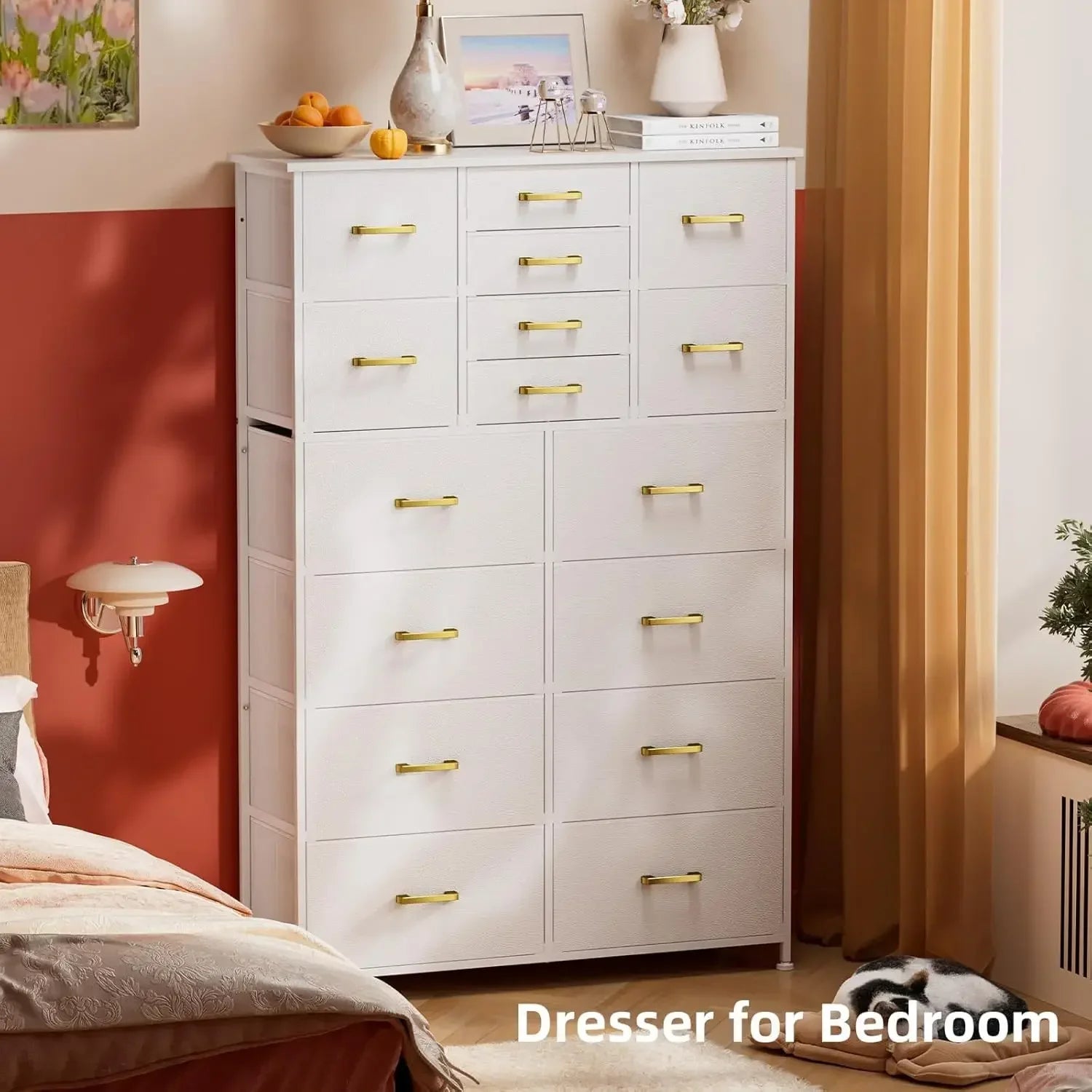 Tall Dresser for Bedroom,16 Drawer Dressers & Chests of Drawers, Fabric Bedroom Dresser with Wood Top, Metal Frame,Storage Tower