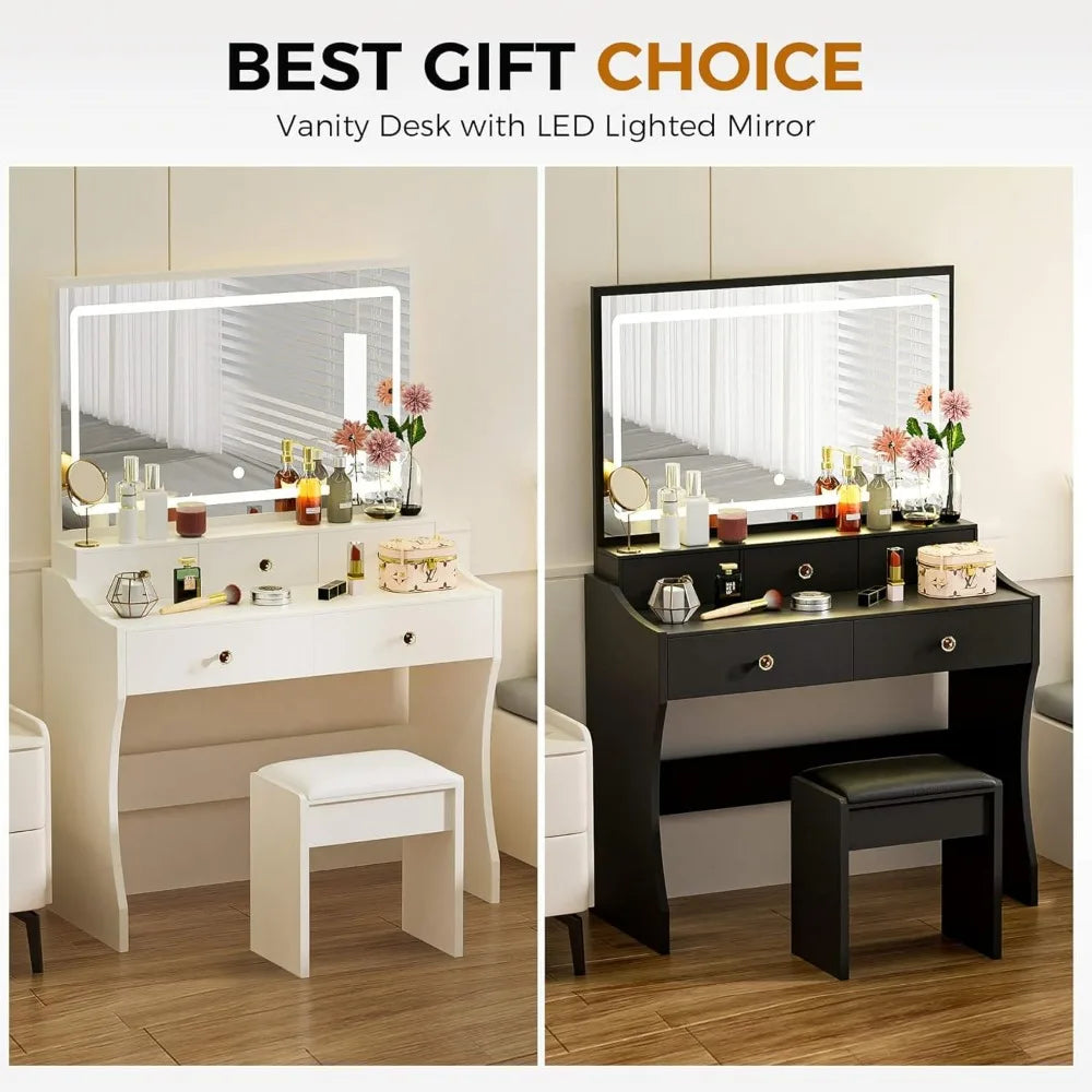 Makeup Vanity Desk with Mirror and Lights, Vanity Table and Chair Set with 5 Drawers and Charging Station, Bedroom Dresser LED