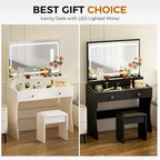 Makeup Vanity Desk with Mirror and Lights, Vanity Table and Chair Set with 5 Drawers and Charging Station, Bedroom Dresser LED