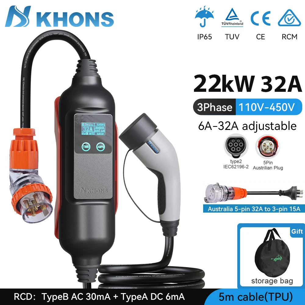 Khons Type2 EV Charger 22kw 32A Three-Phase Portable EV Charger EVSE Wallbox With Australian Industrial Plug For BYD Tesla Cars