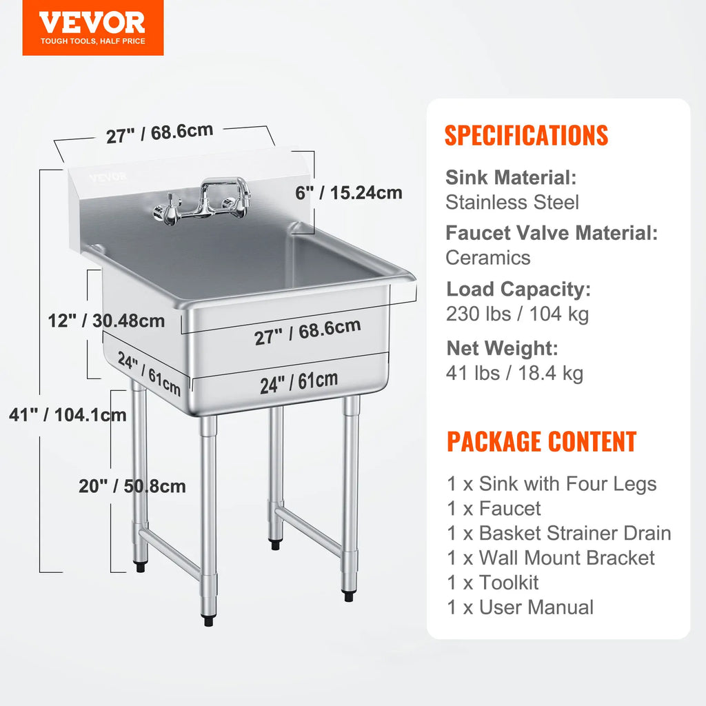 VEVOR Stainless Steel Kitchen Prep & Utility Sink 1 Compartment Restaurant Commercial Steel Sink w/Faucet for Restaurant Home