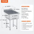 VEVOR Stainless Steel Kitchen Prep & Utility Sink 1 Compartment Restaurant Commercial Steel Sink w/Faucet for Restaurant Home
