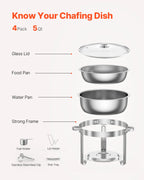 VEVOR 4 Pack Chafing Dish Buffet Stainless Steel Chafer with 4 Full Size Pan Round Catering Warmer w/Glass Lid for Party Banquet