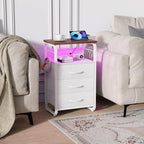 Bed Side Table with 3 Fabric Drawers,  LED Nightstand with Hooks, Bedside Table with Charging Station, End Table with Storage