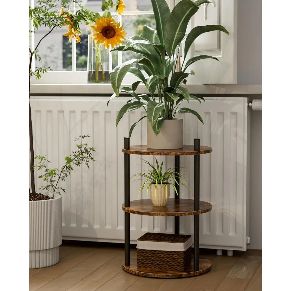 Small Round End Table - 3 Tier Design Accent Table, Narrow Side or Bedside Stand, Industrial Vintage Nightstand