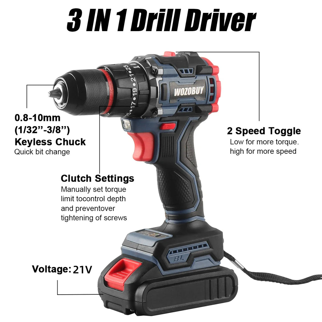 16.8V/21V Cordless Drill ,10MM 3/8'' Keyless Chuck,1.3Ah Li-Ion Battery,2 Variable Speed for assembling, repairing and DIY