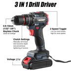 16.8V/21V Cordless Drill ,10MM 3/8'' Keyless Chuck,1.3Ah Li-Ion Battery,2 Variable Speed for assembling, repairing and DIY