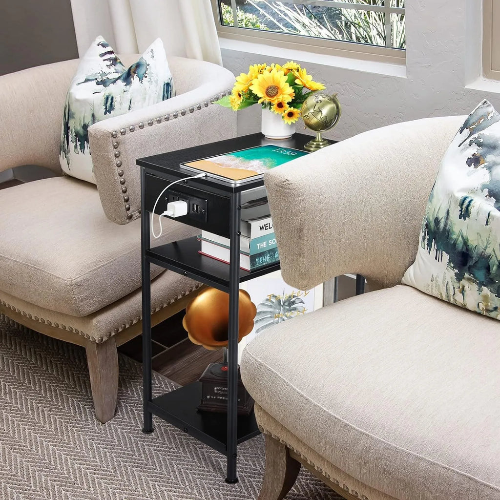 Nightstand with Charging Station,3 Tier Black Nightstand End Table with Storage Shelf,Narrow Side Table with USB Ports
