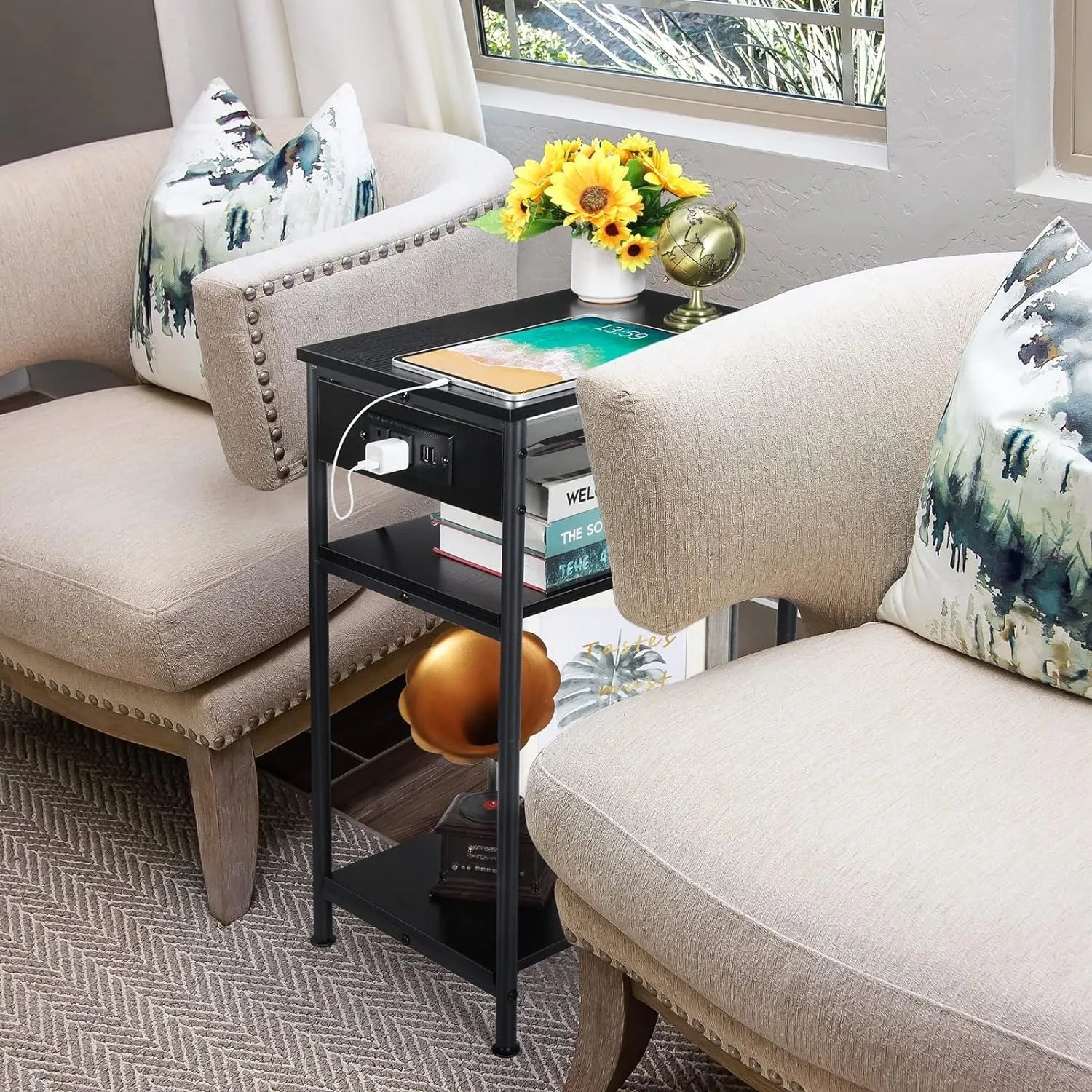 Nightstand with Charging Station,3 Tier Black Nightstand End Table with Storage Shelf,Narrow Side Table with USB Ports