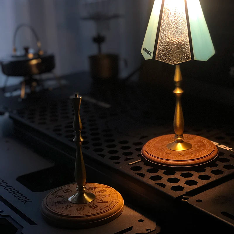 Outdoor Camping Desktop Lamp Holder, Pure Copper, Solid Wood Combination Lamp Holder, Equipped with 1/4 Connecting Screw