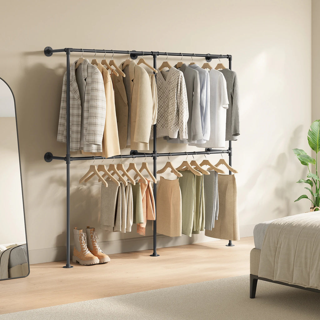 WOLTU Wall Mounted Open Wardrobe with 1&5 MDF Shelves Steel Tube Clothes Rail Industrial Style Coat Rack for Cloakroom Bedroom