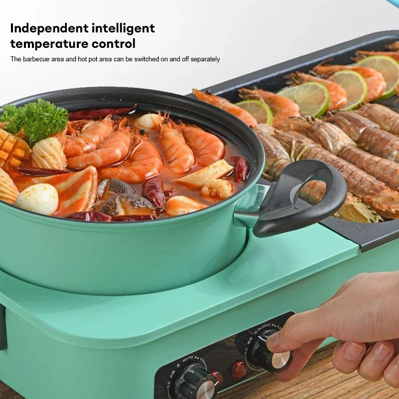 3 in 1 Korean Electric Baking Pan Soup Hot Pot Grill Plate Instant Kitchen Fondue Detachable and Washable Non-Stick Baking Pan