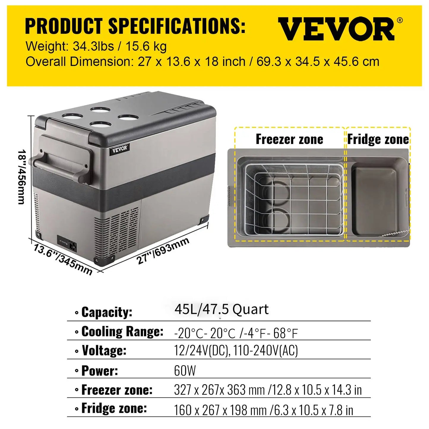 VEVOR Portable Car Refrigerator - Freezer Cooler 12/24V