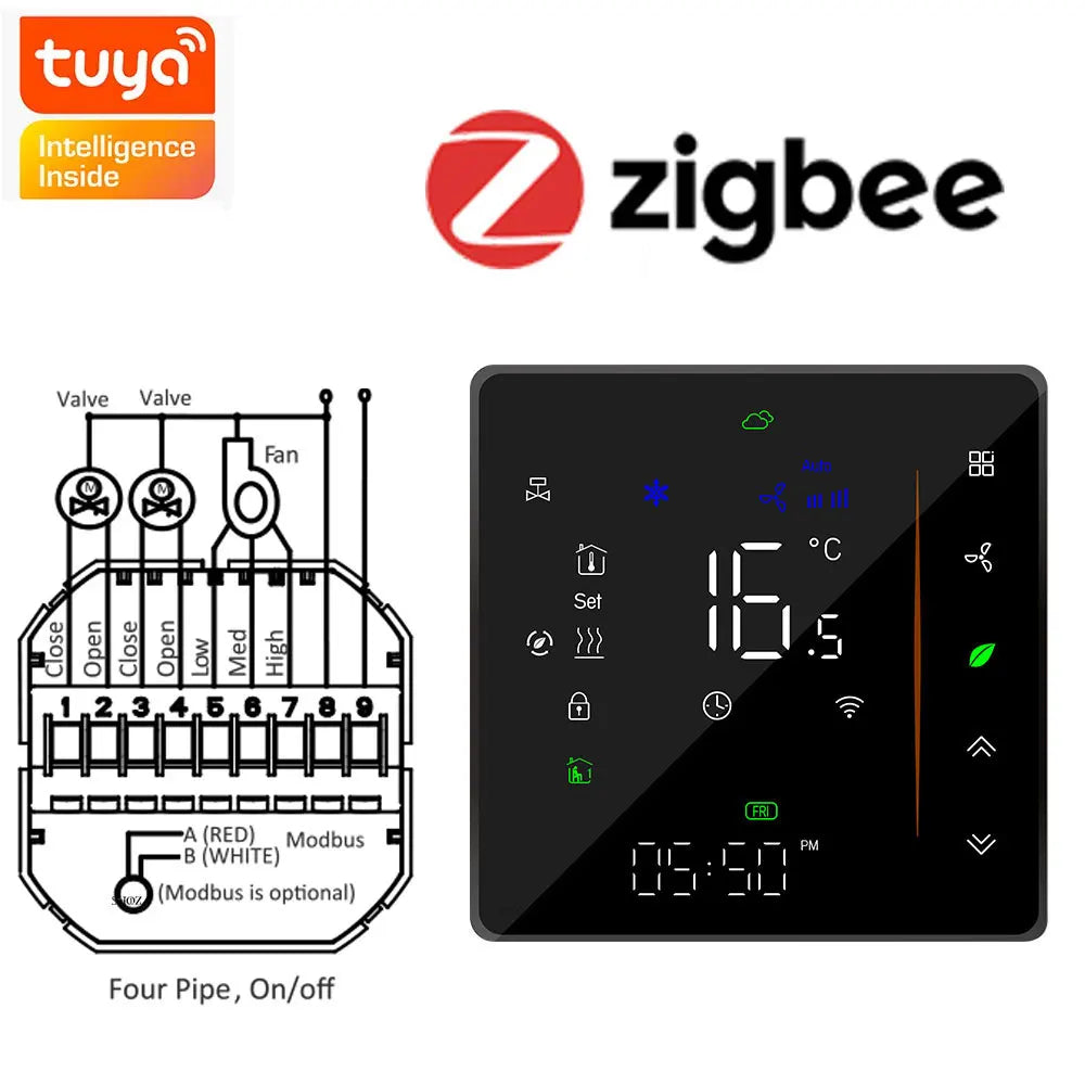 Zigbee & Wi-Fi & MODBUS TUYA Thermostat for Fan Coil Unit, 2P/4P, Cooling/Heating Function,RS485 95-240V, Smart HVAC Control