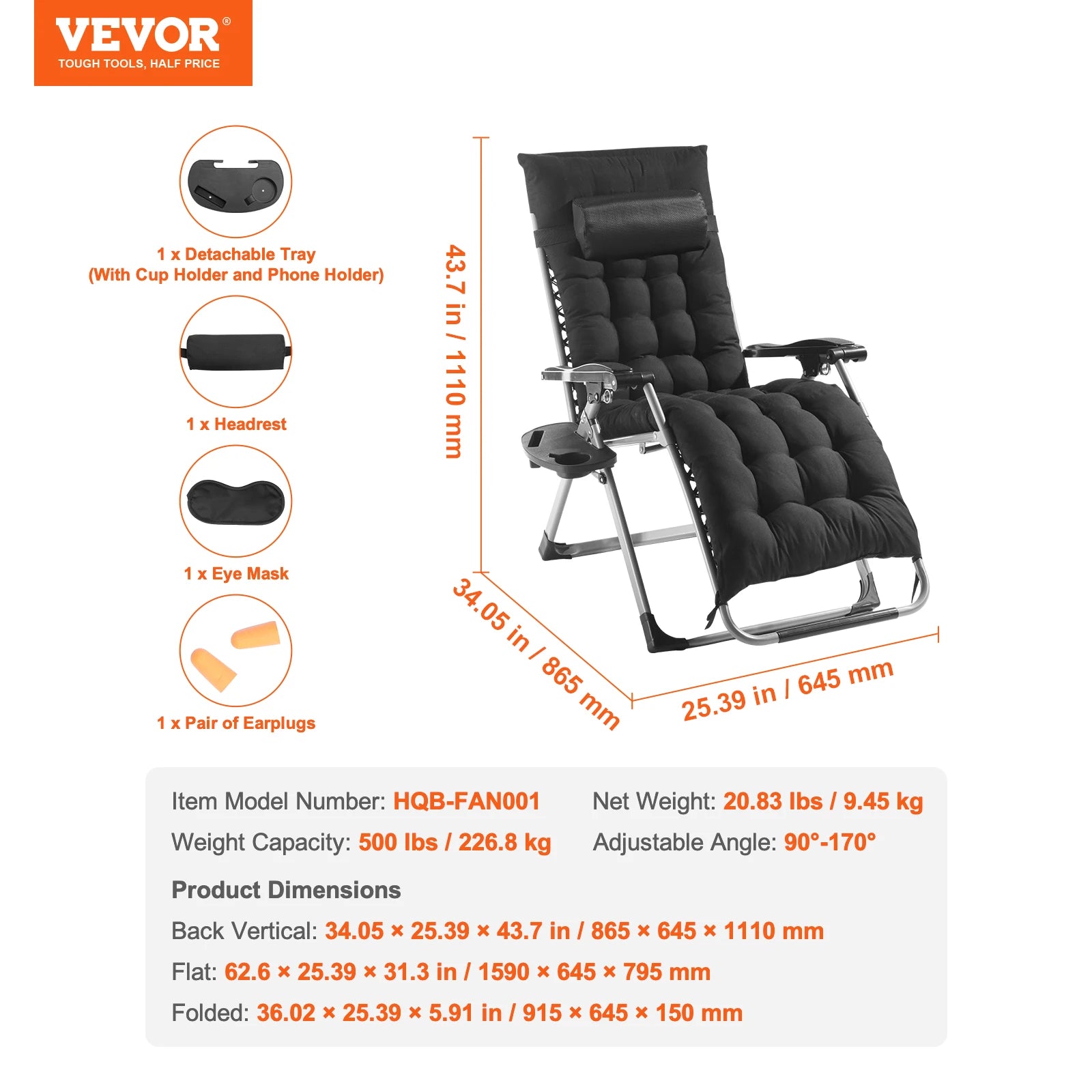 VEVOR Zero Gravity Chair Zero Gravity Recliner Lounge Chair Adjustable Anti Gravity Chair with Cushion Footrest and Cupholder