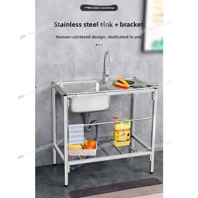 Kitchen Thickened Stainless Steel Sink Table Integrated Single Sink with Bracket Dishpan Washing Basin Sink