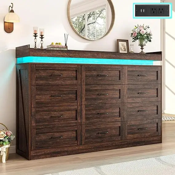 71" Wide 46" Tall Large Farmhouse 12 Drawers Dresser for Bedroom with LED Light and Power Outlets,Wood Rustic 12 Chests of Drawe