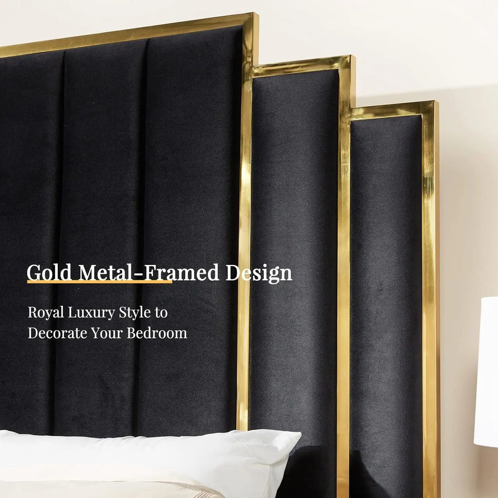 King Size Platform Bed Frame, 65" Velvet Upholstered Bed with Gold Trim Headboard/Wooden Slats/No Box Spring Needed/Black