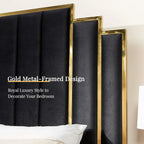 King Size Platform Bed Frame, 65" Velvet Upholstered Bed with Gold Trim Headboard/Wooden Slats/No Box Spring Needed/Black