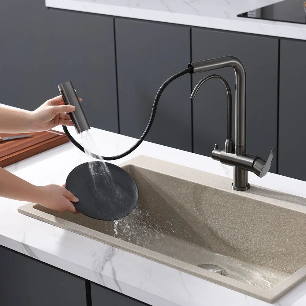 Waterfall Faucet Multi-functional 4 Mode pure Hot Cold Water Kitchen Faucet Sprayer Sink Wash Tap 360° Rotation gun gray Brushed