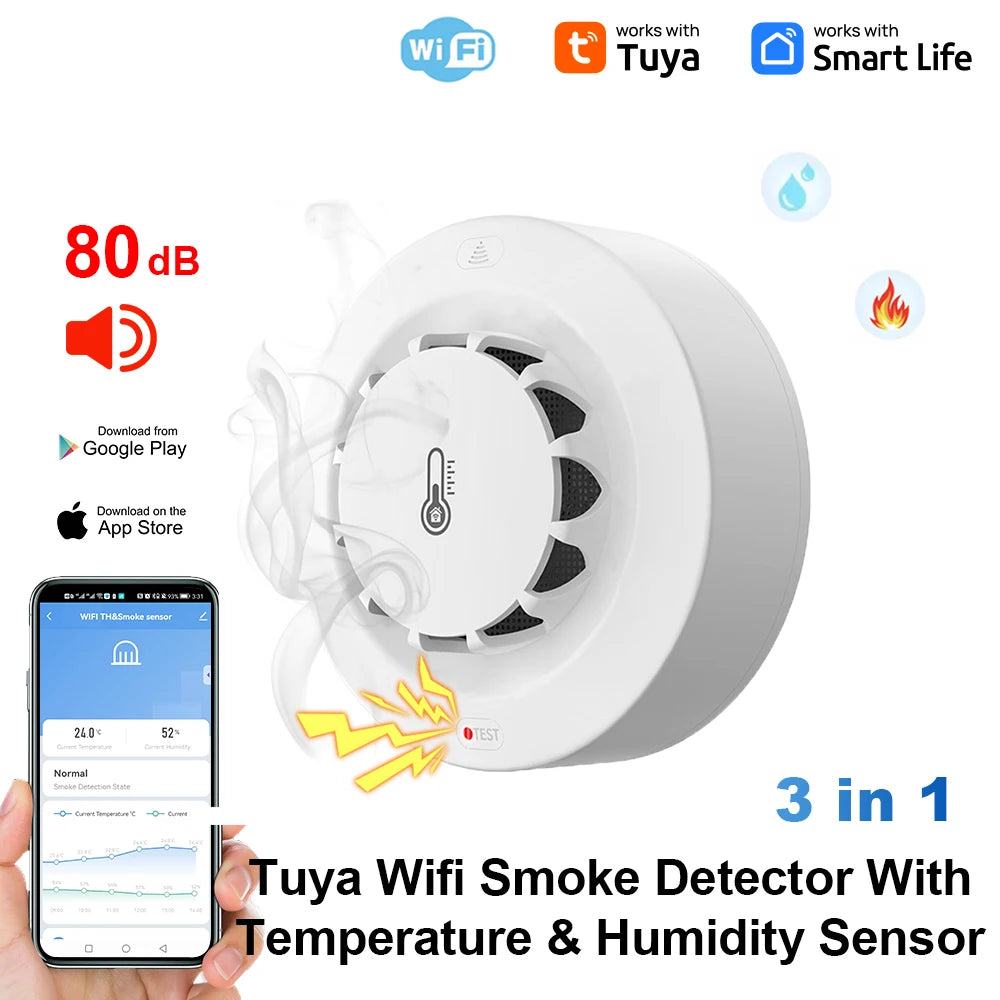 Tuya Wifi BT Two Connection Smoke Detector Temperature Humidity Measurement Device 80dB Sound Alarm Remote Push Alert Function