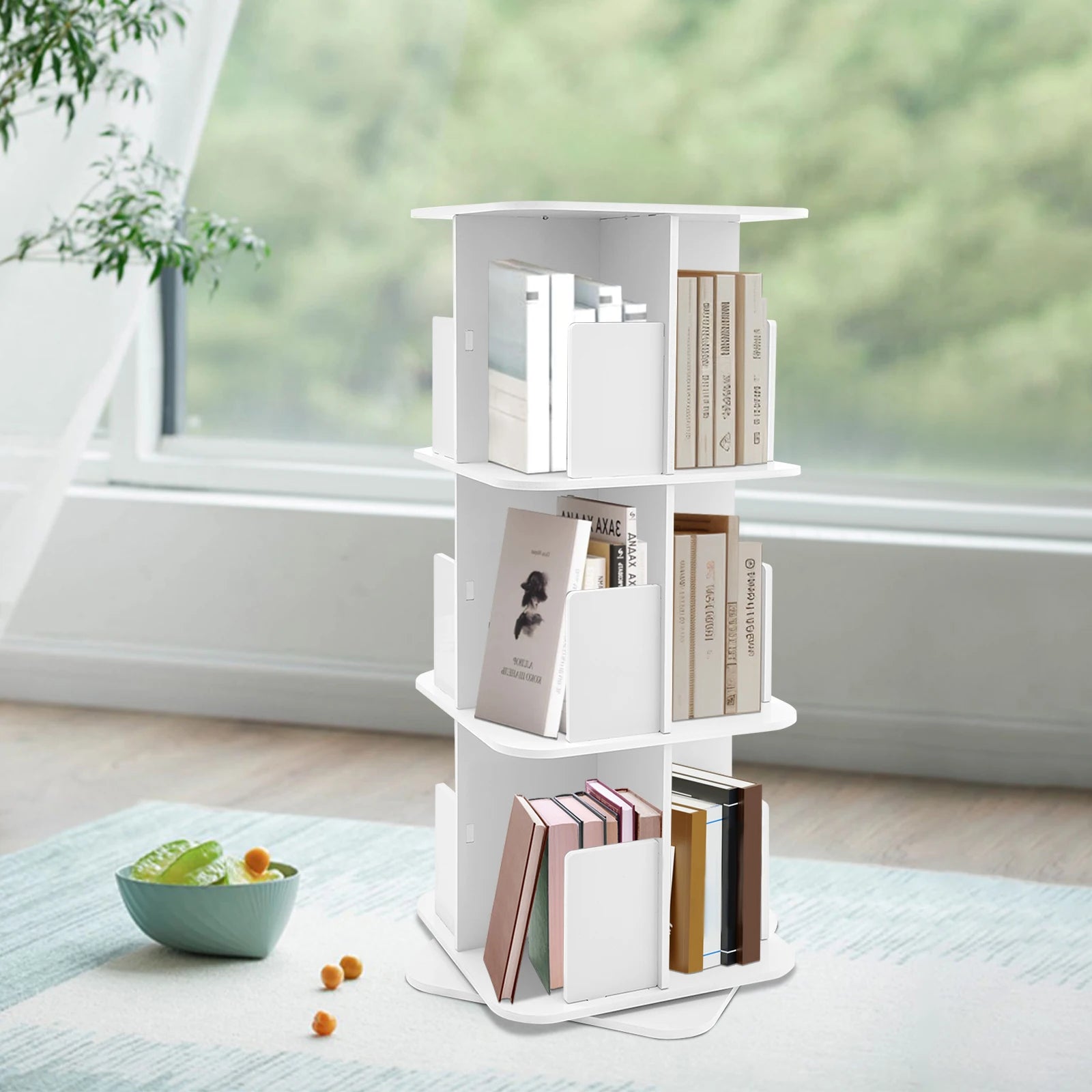 3 Shelves Rotating Bookcase with Desk Pad 360 Degree Rotating Stainless Steel Bookcase for Bedroom Office  Living Room White