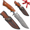 Damascus advanced straight knife, fixed blade, wooden handle and leather scabbard, easy to carry, fast cutting, loved by men